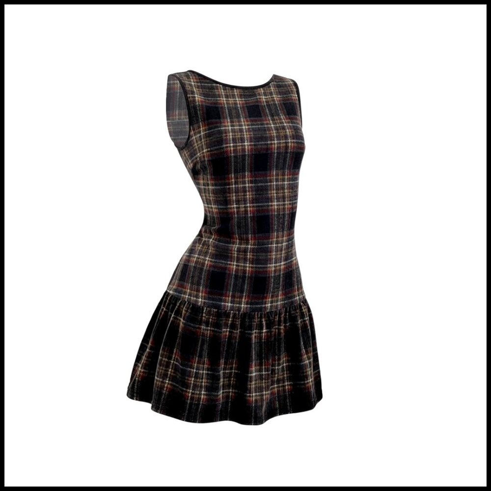 Sleeveless Plaid Ruffle Mini Dress Tweed Vintage Fall Casual Wear